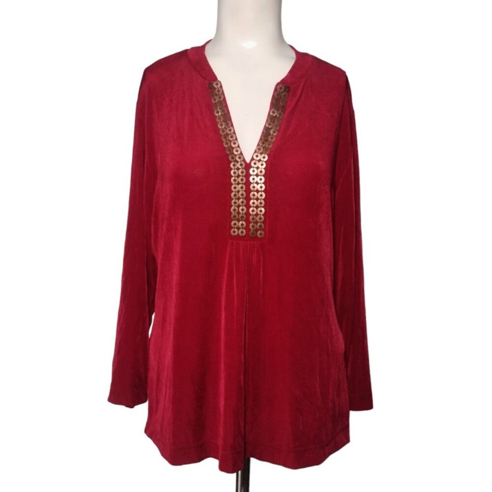 Chicos Travelers Popover Embellished Top Size 1 Med Slinky Stretch 3/4 Sleeve